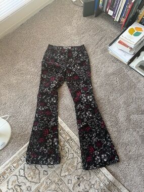 Idyllwind Black Floral Flare Jeans with Red Accents